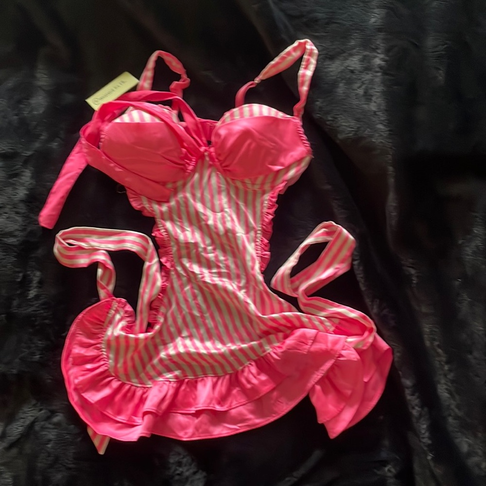 NWOT Victoria’s Secret apron baby doll hot pink stripe rare Size 34C